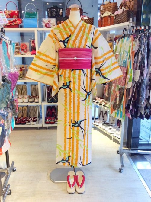 Swallow over stripy punchy yukata, seen on