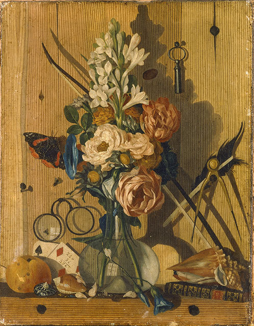 Antonio Gianlisi (1677–1727)Trompe l'oeil still life of a vase of flowers, shells and a book, with e