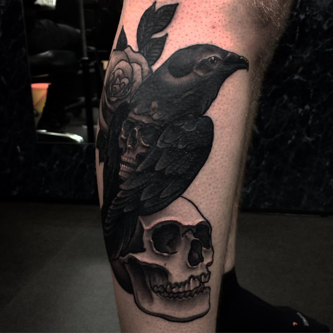 Tattoo tagged with cards dots leg skull crow  inkedappcom