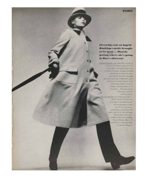Richard Avedon, Mouche in a Dior shirtcoat, 1968. Via Fans in a Flashbulb.