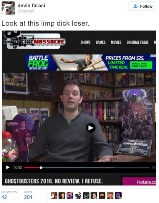 trilllizard420: friendly-stand-user:  Normally I don’t care about shit like this, but looking back, the people getting mad at James Rolfe for his non-review of Ghostbusters 2016 (Which was basically saying in a calm, collected and concise way “I’m