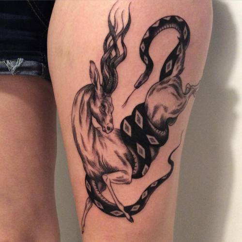 shannonelliott-tattoo:mythical animal battle. spot the downlow dragon age reference  thanks Michelle
