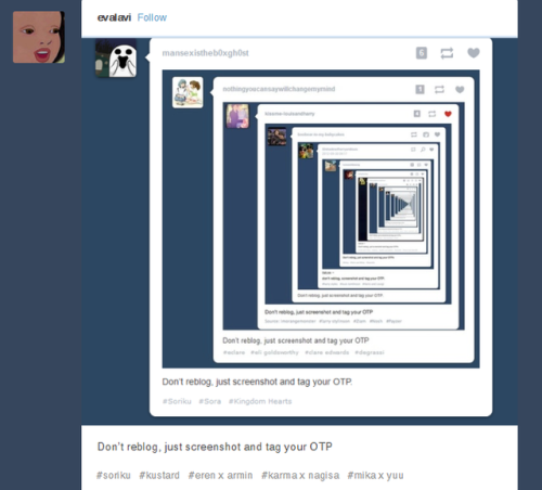 Don’t reblog, just screenshot and tag your OTP.