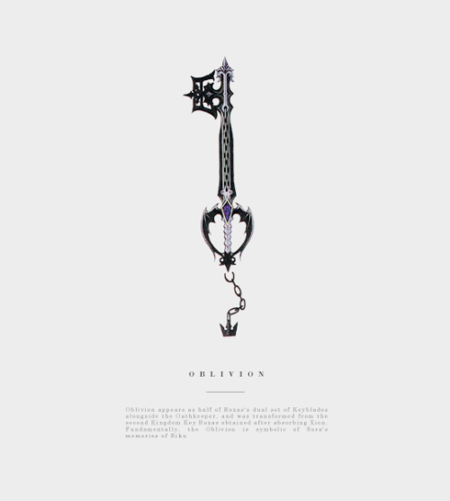 velvetblush:Roxas’s dual set of Keyblades. The Oathkeeper is symbolic of Sora’s memories of Kairi. T