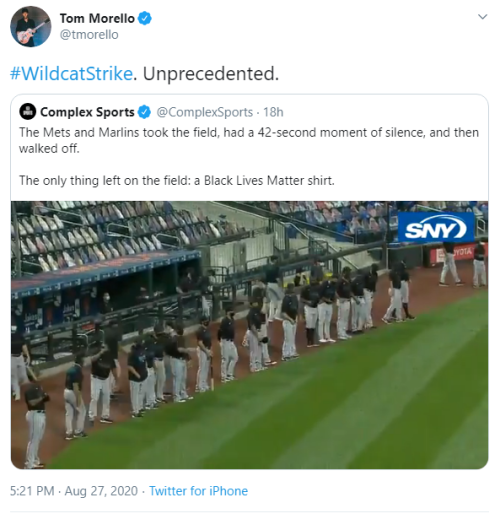 Tom Morello: #WildcatStrike. Unprecedented. \Responding to sports coverage: “The Mets and Marlins to