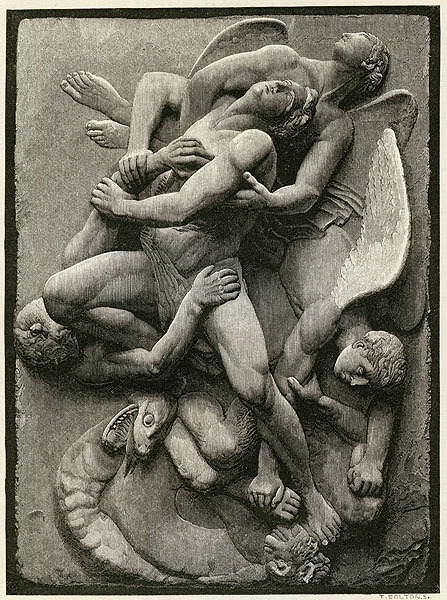 bloghqualls:  hismarmorealcalm:  John Flaxman (1755-1826)  Engraving ‘Deliver Us From Evil’  Lyra Germanica 1861  John Flaxman R.A. ( 1755 – 1826) was a British sculptor. 