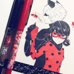 toriitama: From my instagram, done with daiso brush pens. Ladynoir too cool to look at each other while they fist-bump ;)