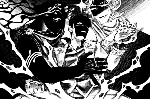 Black and white drawing of a scene from chapter 393 of Omniscient reader's viewpoint. It depicts Kim Dokja beating up Indra. The point of view is that of Indra, looking up at Kim Dokja. Lightning bolts full of eyes are shooting everywhere. Behind Kim Dokja are Hades and Persephone. Hades is protecting him with one hand while glaring at Indra, while Persephone is smirking, holding Kim Dokja's hand. Kim Dokja is in the middle of explaning that he won't let Indra insult the Underworld.