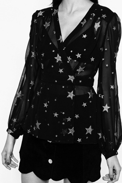 cool-swimmingcollectorperson:   Smock Neck Long Sleeve PU Patchwork Gauze Cropped