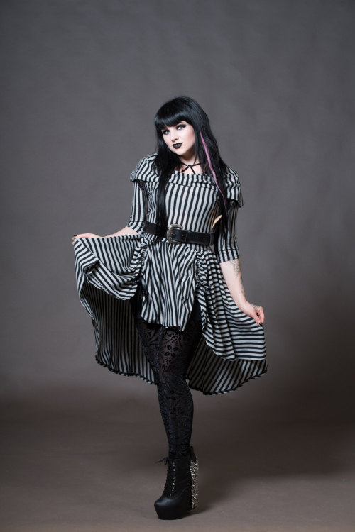 Goth Doll Striped Dress - Cowl Hooded Hi-Low Gothic Alternative Clothing - Long Sleeve Bustle Pulls 
