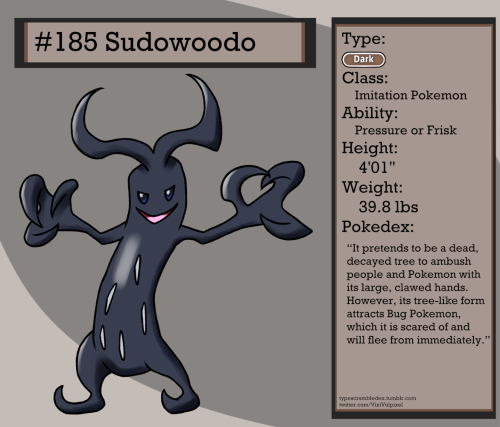 185 - SudowoodoImitation Pokemon“It pretends to be a dead, decayed tree to ambush people and Pokemon