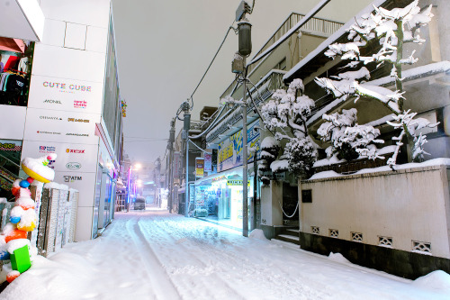 tokyo-fashion:  Super snowy Harajuku at 2am on Valentine’s Day night 2014. These are long exposure photos (using a tripod), so you can’t really see the snow falling, but it was snowing pretty hard! These shots are of Takeshita Dori, Harajuku Dori,