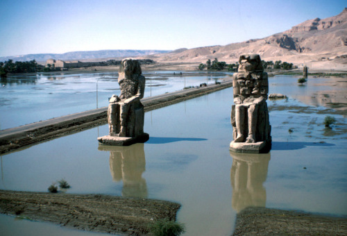 humanoidhistory: Colossi of Memnon at the mortuary temple of Amenhotep III, Necropolis of Thebes, Eg