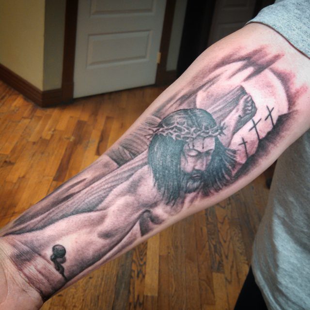 Lion and Jesus piece done on the forearm done at inkaholikkendall Miami  IntenzeTattooInk AfterCareH2Ocean StencilStuff dermalizepro Follow    By Inkaholik Tattoos Kendall  Facebook