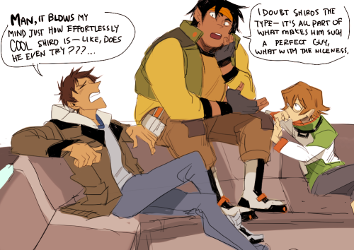 sakuraplumskyes:  runmonsterun:  The Paladins discuss the source of Shiro’s “coolness.”   @goddessoftheworld look at them