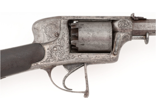 English Adams Model 1851 percussion revolving rifle, .52 caliber.from Cowan’s Auctions