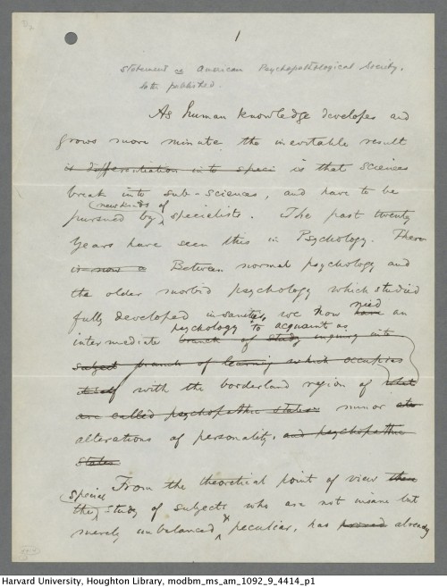 William James. Proposal for an American Psychopathological Society. MS Am 1092.9 (4414) Houghton Lib