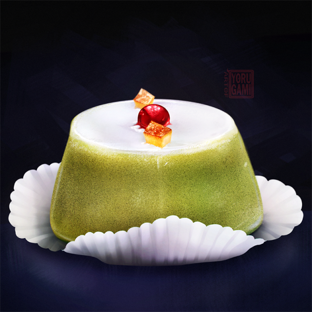 Food Painting: Matcha (Green Tea) Panna CottaItalian in origin, a panna cotta is cream thickened with gelatin ,and molded into a shape. It is usually flavored with tea, coffee, vanilla etc. Other times they are layered with different fruits and flavors to make a more attractive dessert. #food illustration#digital painting #food art series  #matcha panna cotta #yorugami#artofyorugami#panna cotta