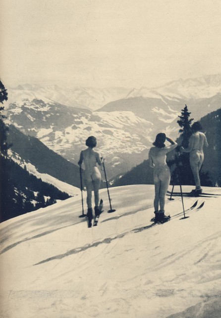 Naked vintage skiing.