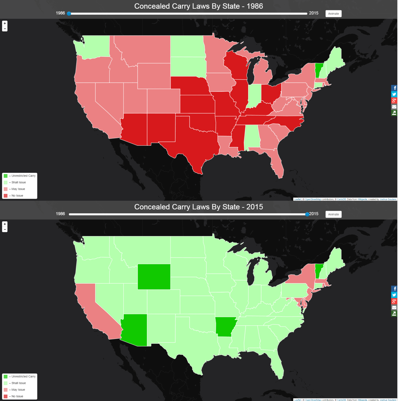 Concealed Carry Laws By State, 1984 vs 2015  - Maps on the Web