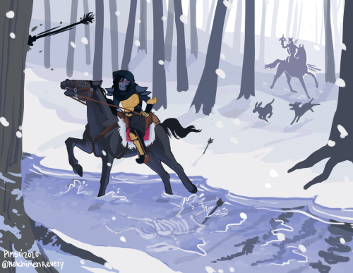 Vayno running away from his hater (which in this case is a vampire hunter on horseback with 2 hounds