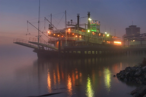 Riverboat in the fog.