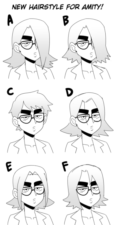 I’m changing Amity’s hairstyle (click for poll)Similar to Millie, I’m changing up Amity’s design a little bit for the sidecomic (which is effectively the “canon” for these characters, now). She’s gonna show up next page, but the hairstyle