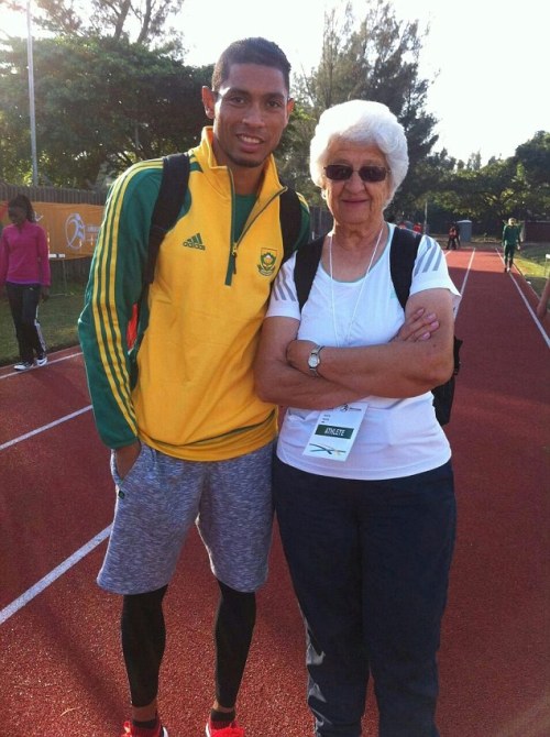 24-year-old South African sprinter Wayde van Niekirk, Rio 2016 Olympic champion in the 400m, and his coach, 74-year-old Anna “Tannie Ans” Botha.