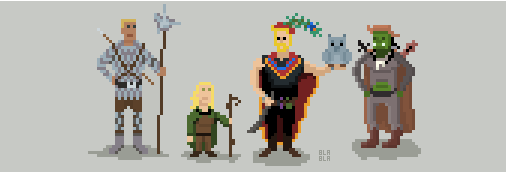 Pixelart of my current 5e DnD party: Malhaard, an human Eldritch Knight from Tethyr; Nim, a gnomish Druid from Lurkwood, Lavius, an arcance trickster and his owl Mortimer and me, Urzul an bard and deputy chieftain from a Shaar orc tribe