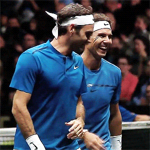 dominicsthiem:Roger Federer and Rafael Nadal attempting to go for the same shot while playing as a d