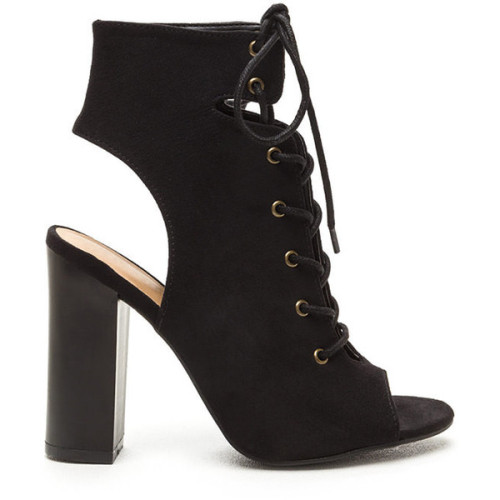 BLACK Bootie-ful Laces Chunky Cut-Out Heels ❤ liked on Polyvore (see more high heel booties)