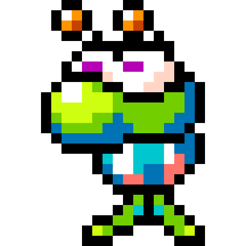 Sprite of Melon Bug from the unreleased Super Donkey. It is similar to the Yoshi's Island sprite, but with large eyes and darker colors matching those of the 2D artwork.