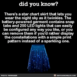 legendofthesevenstars:  did-you-kno:  There’s a star chart skirt that lets you  wear the night sky as it twinkles. The  battery-powered garment contains snap  tabs and 250 LED lights that can easily  be configured any way you like, or you  can remove