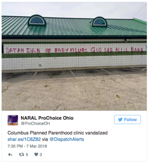 think-progress:Ohio Planned Parenthood Clinic Vandalized, Called ‘Den Of Babykillers’