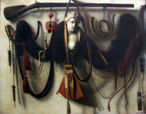 Christoffel Pierson: Still life with bust of Diana and hunting gear, 1699.