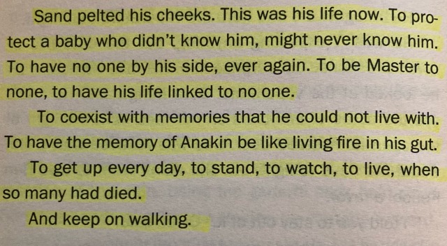 Sand pelted his cheeks. This was his life now. To protect a baby who didn't know him, might never know him. To have no one by his side, ever again. To be Master to none, to have his life linked to no one. To coexist with memories that he could not live with. To have the memory of Anakin be like living fire in his gut. To get up every day, to stand, to watch, to live, when so many had died. And keep on walking.