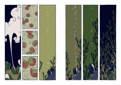 mellific:meander, a short comic about a river, and bivalves, and the fossil record. inspired of cour