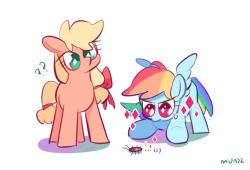 dusty-munji:“I t… is… rainbowing !  ! !“‘……rainbowing…?’ Filly AJ &amp; RDx3!