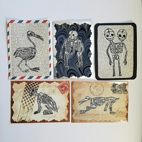 A few mixed media art cards using my relief printed/hand carved stamp skeletons.