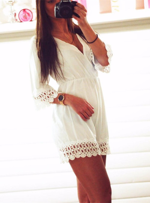 style-base:White V Neck Half Sleeves Crochet Hem Romper Playsuit