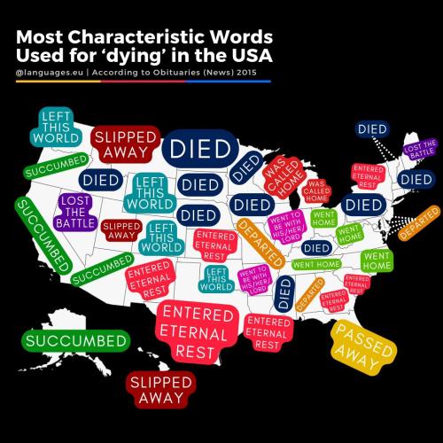 mapsontheweb:  Words used for “dying” in Obituaries. by u/languageseu