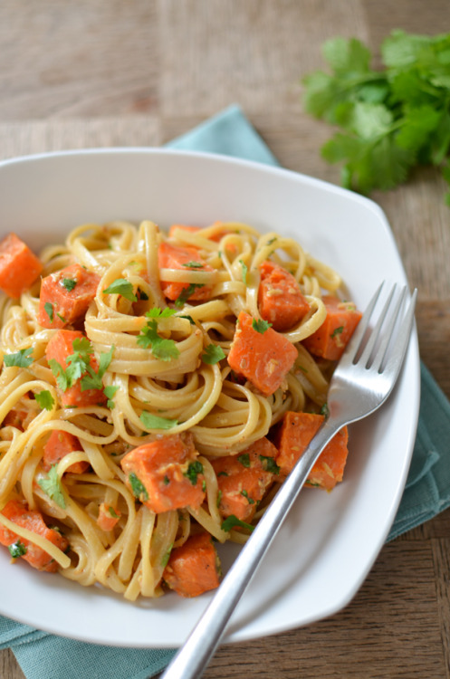 Roasted sweet potato linguini with cilantro tahini sauce