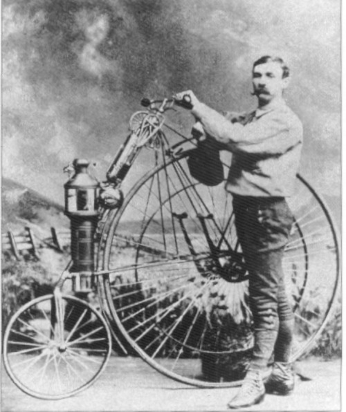 Inventor Lucius Copeland of Arizona with one of the earliest motorcycles, the Phaeton Steamer, 1894.