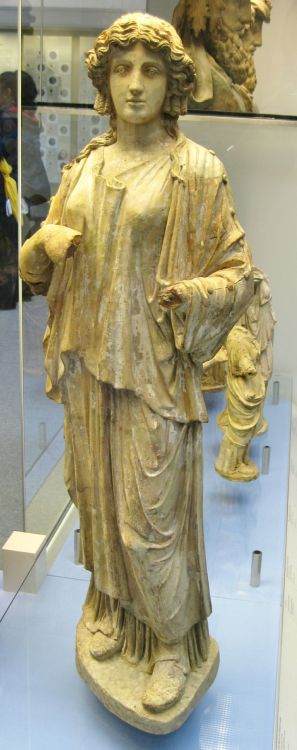 clioancientart: Terracotta statue of a girl, about half life size, perhaps a Muse, 1st Century BC to