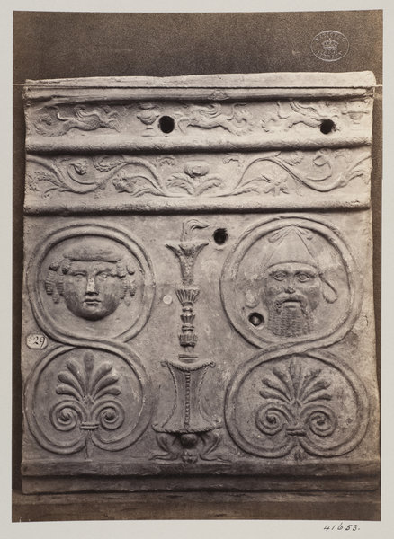 Photograph by Louise Laffon, Bas-relief of a portion of a frieze of a thymiaterion and bacanallian m