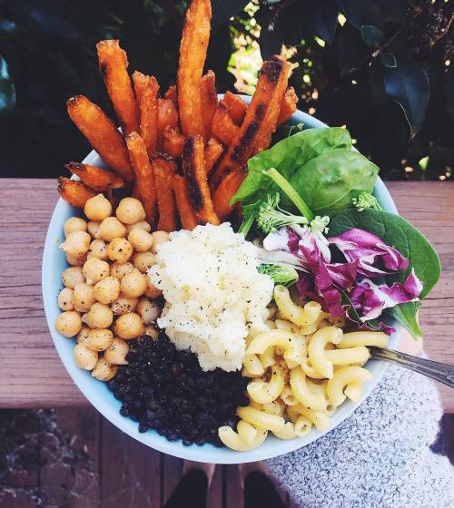 jessitheyogi:  Nourish bowls are the best 😍🍃💫 Mixed greens, lentils, noodles, chickpeas, sweet potato fries & mashed potatoes. #poweredbyplants #vegan 