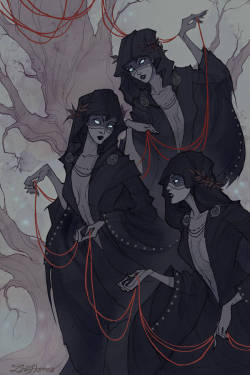 blonddnamedhandz:  hedendom:  Ksenia Svincova has created some dark and fantastical artwork inspired by Norse Mythology.Featured here:The NornsFreyjaIdunnLokiLoki’s ChildrenThe Wild HuntSkadiThe Punishment Of Loki  @spiritspodcast 