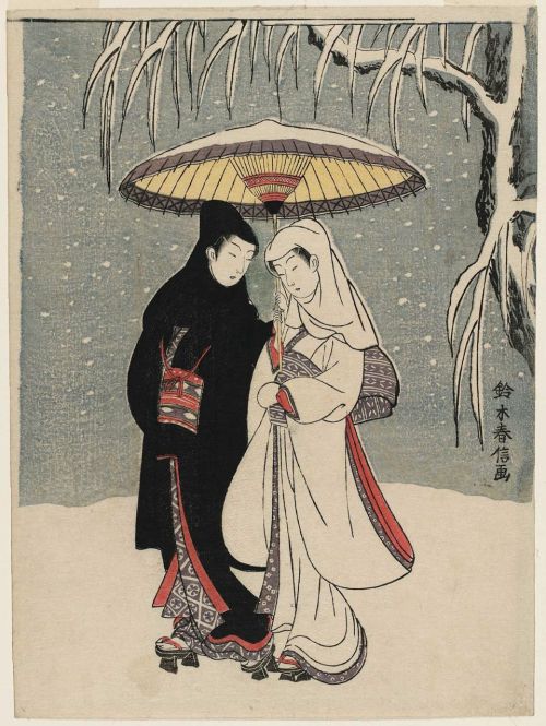 aleyma:Suzuki Harunobu, Lovers under an Umbrella in the Snow, c.1766-67 (source).Crow and Heron