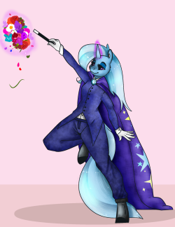 ask-cristice:  a magician trixie commission for   the-smiling-pony (for anyone who wonders: yes the wand is just a prop, she’s using her horn obviously)kinda overdid it on the shading just because i wanted to experiment or somethingif you’re interested