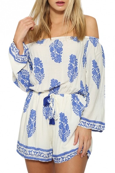 lovelyandfashionblog:  Summer wear  Scoop Neck Long Sleeve Cross Front Flare Romper  Leaf Print Off the Shoulder Gathered Waist Loose Rompers   Navy Floral Print Crop Top with Hot Pants   White Sleeveless Floral Print Top with Pleated Skirt   Floral Print